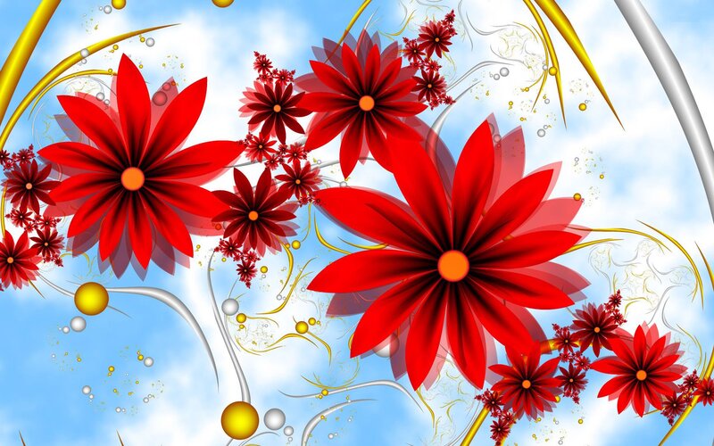 Red Flowers on Blue Sky — Vibrant