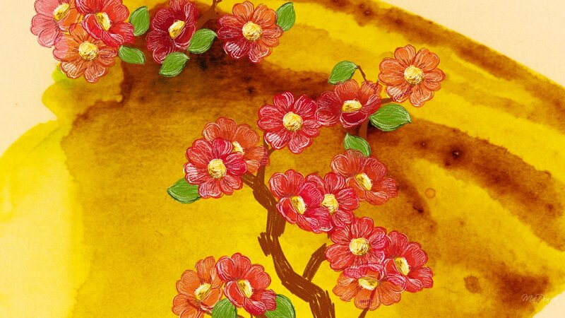 Red Flowers on Branch — Yellow