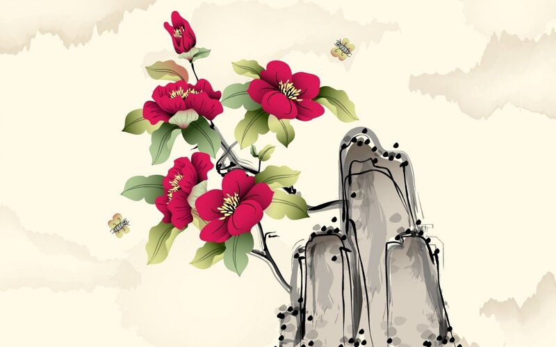 Red Flowers on Rock — Serene