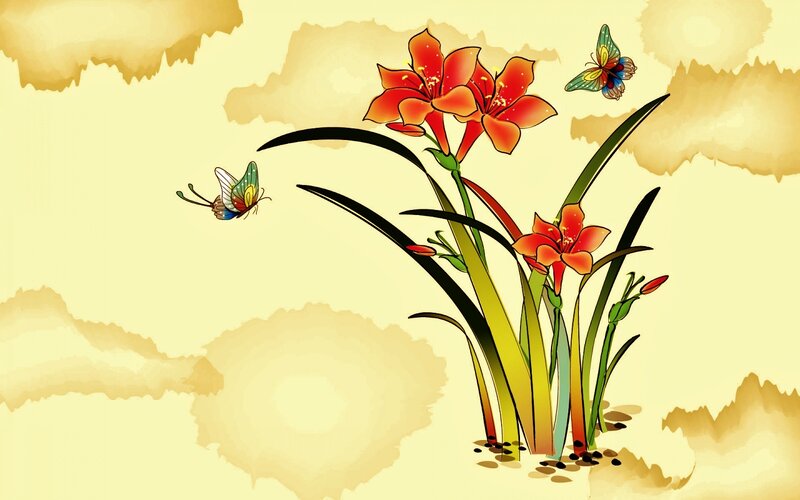 Red Flowers with Butterflies