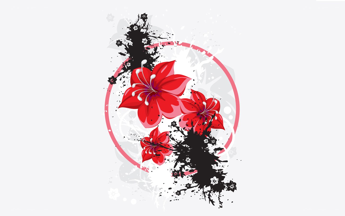 red flowers with ink splatter