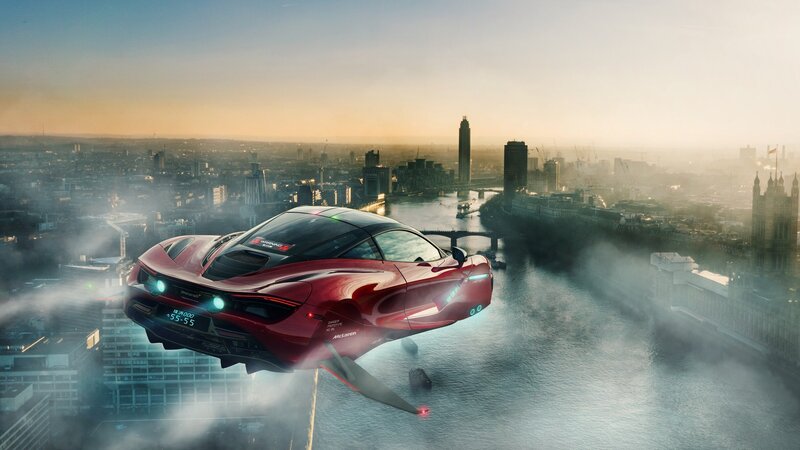Red Flying Car — Dramatic, Sunset