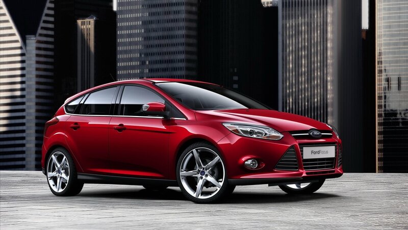Red Ford Focus Hatchback — Dramatic, Photograph, City Buildings, Car