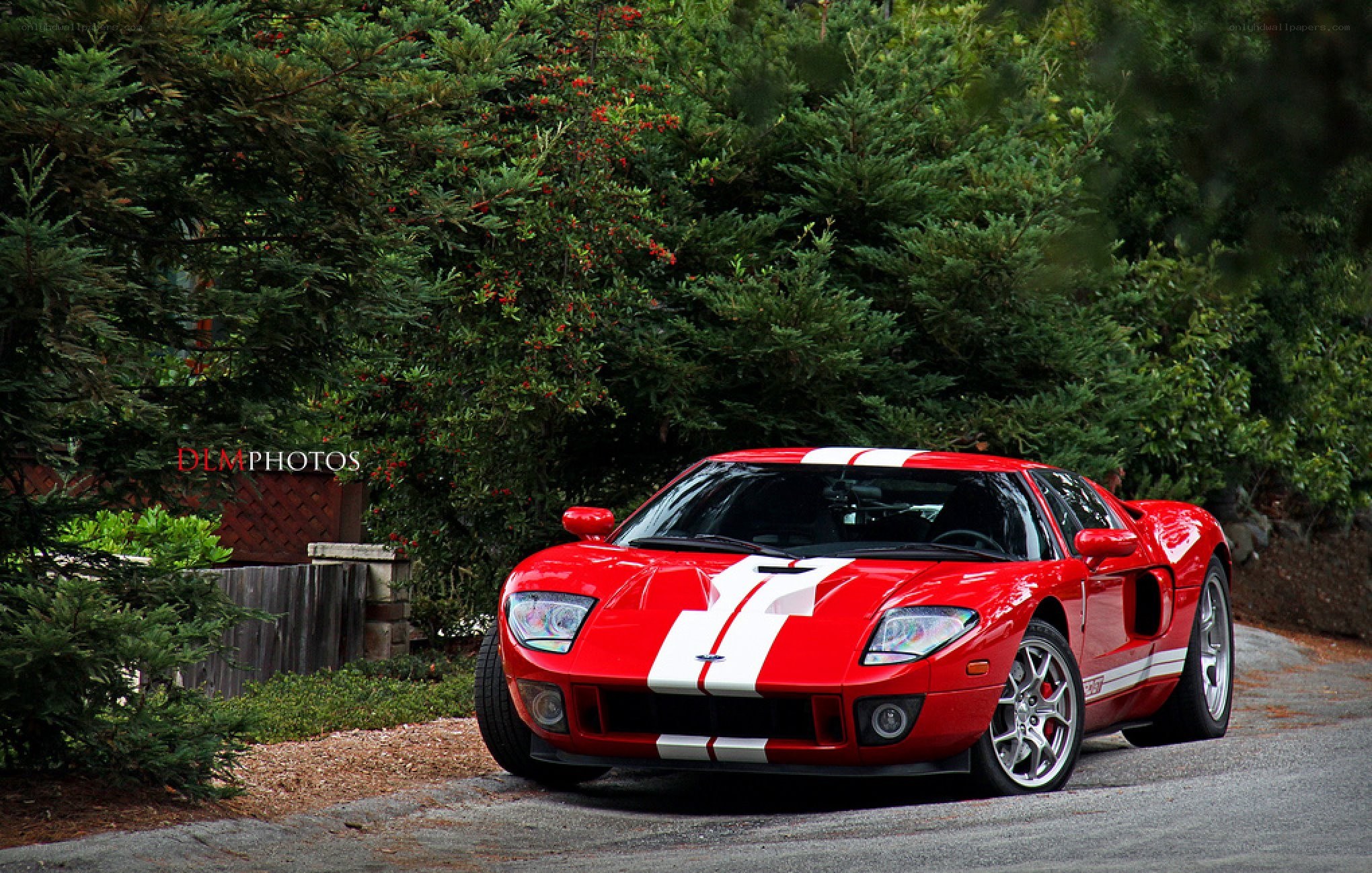 Red Ford GT with racing stripes