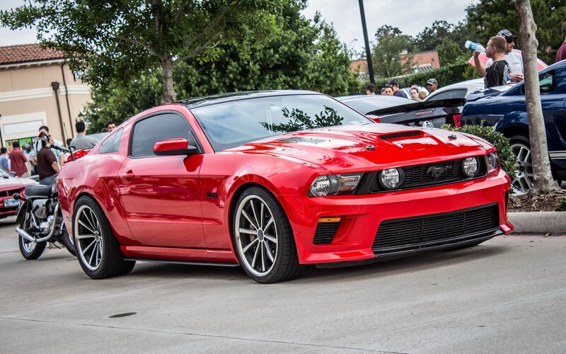 Red Ford Mustang at car show