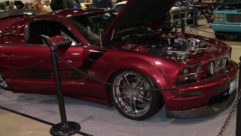 Red Ford Mustang at car show