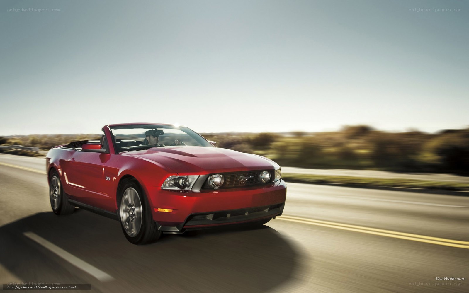 Red Ford Mustang convertible on road
