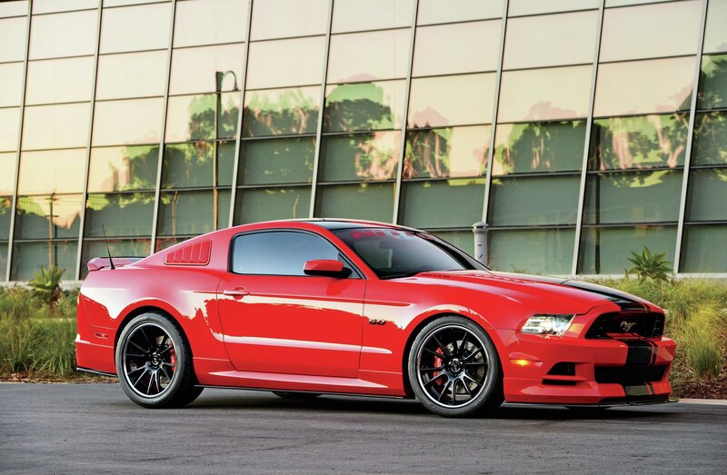 Red Ford Mustang — Dramatic, Afternoon, Photograph, Car, Building
