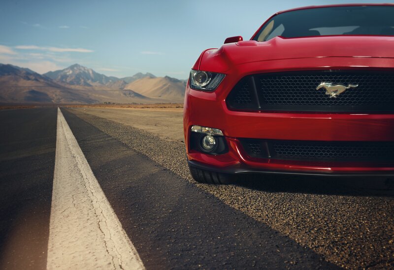 Red Ford Mustang — Dramatic, Afternoon, Photograph, Road, Mountains