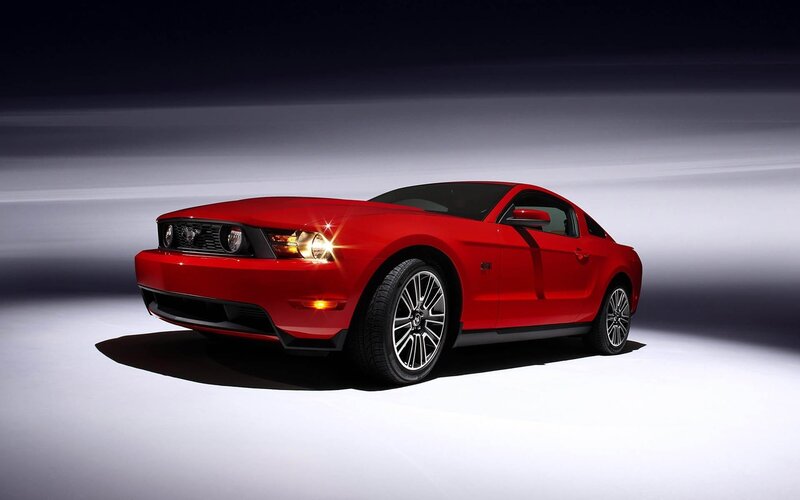 Red Ford Mustang — Dramatic, Photograph, Car, Headlights, Wheels