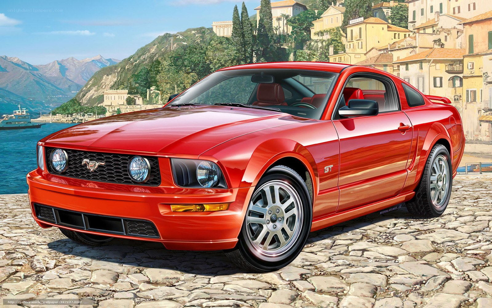 Red Ford Mustang GT by the coast