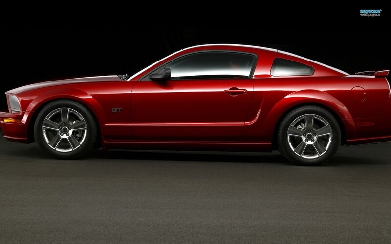 Red Ford Mustang Gt — Dramatic, Photograph, Car, Wheel, Side Profile, Black