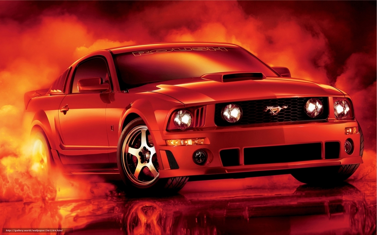 Red Ford Mustang in flames