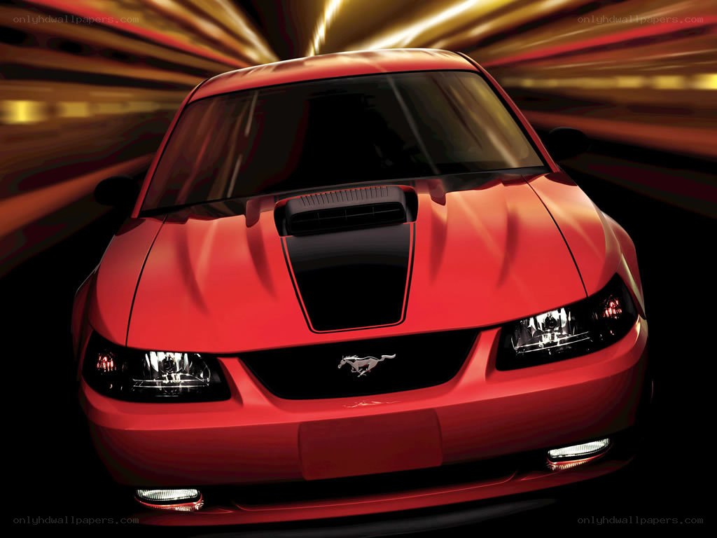 Red Ford Mustang in motion