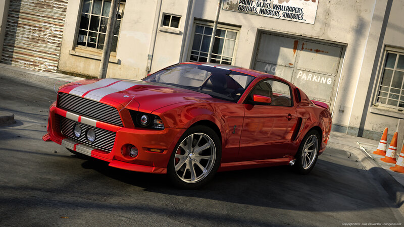 Red Ford Mustang on city street