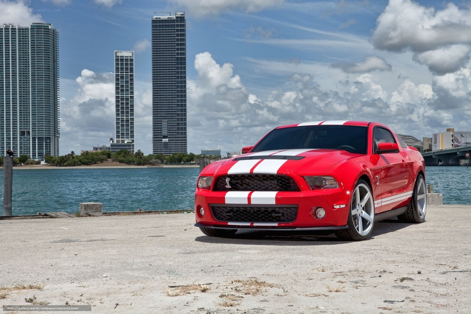 Red Ford Mustang on waterfront