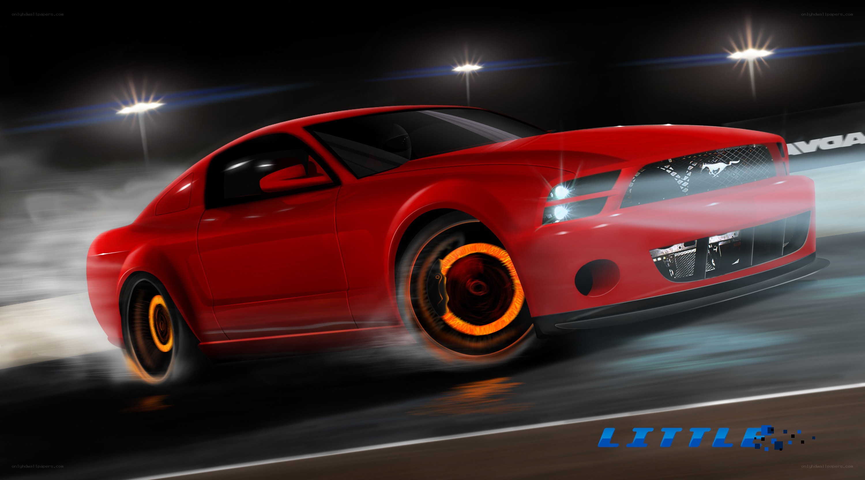 Red Ford Mustang racing at night