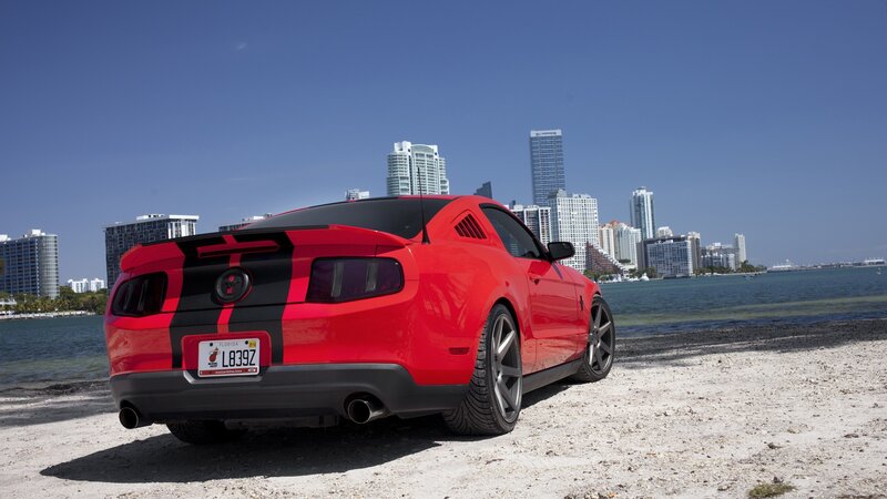 Red Ford Mustang — Serene, Afternoon, Photograph, City Skyline