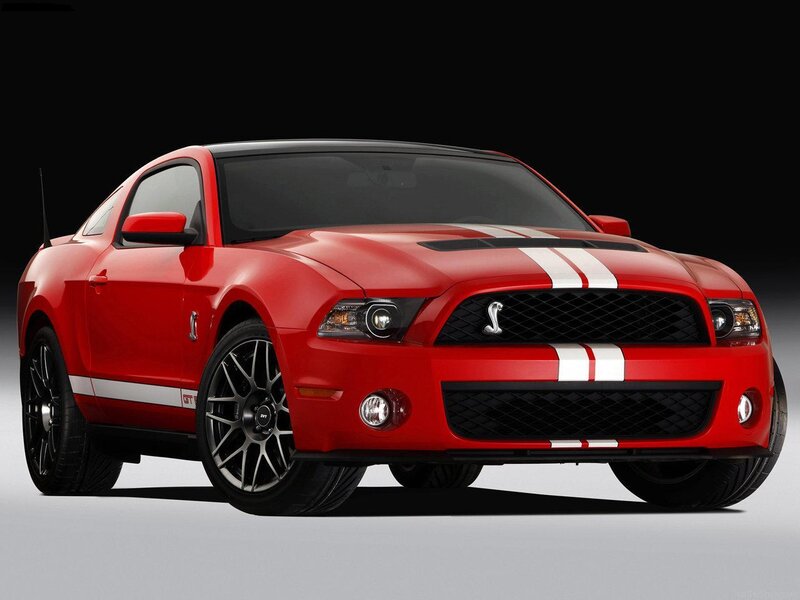 Red Ford Mustang Shelby — Dramatic, Photograph, White Racing Stripes