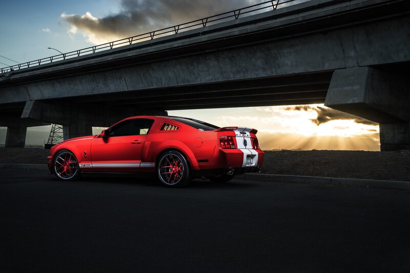 Red Ford Mustang Shelby — Dramatic, Sunset, Photograph, Bridge