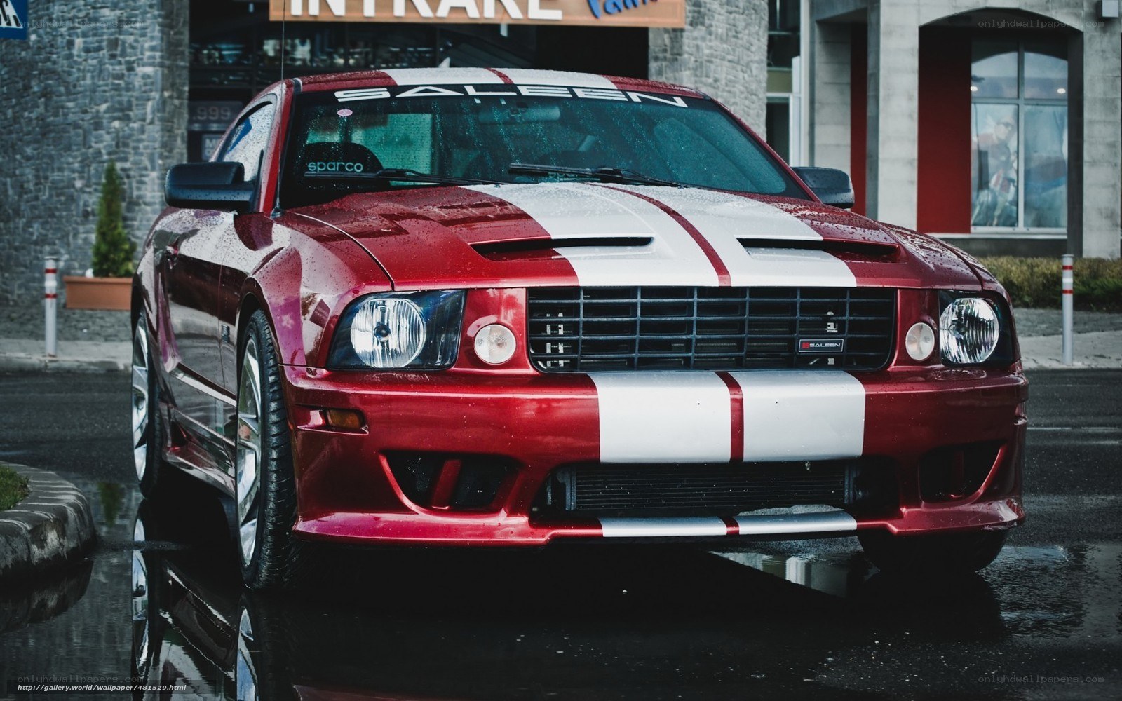 Red Ford Mustang with stripes