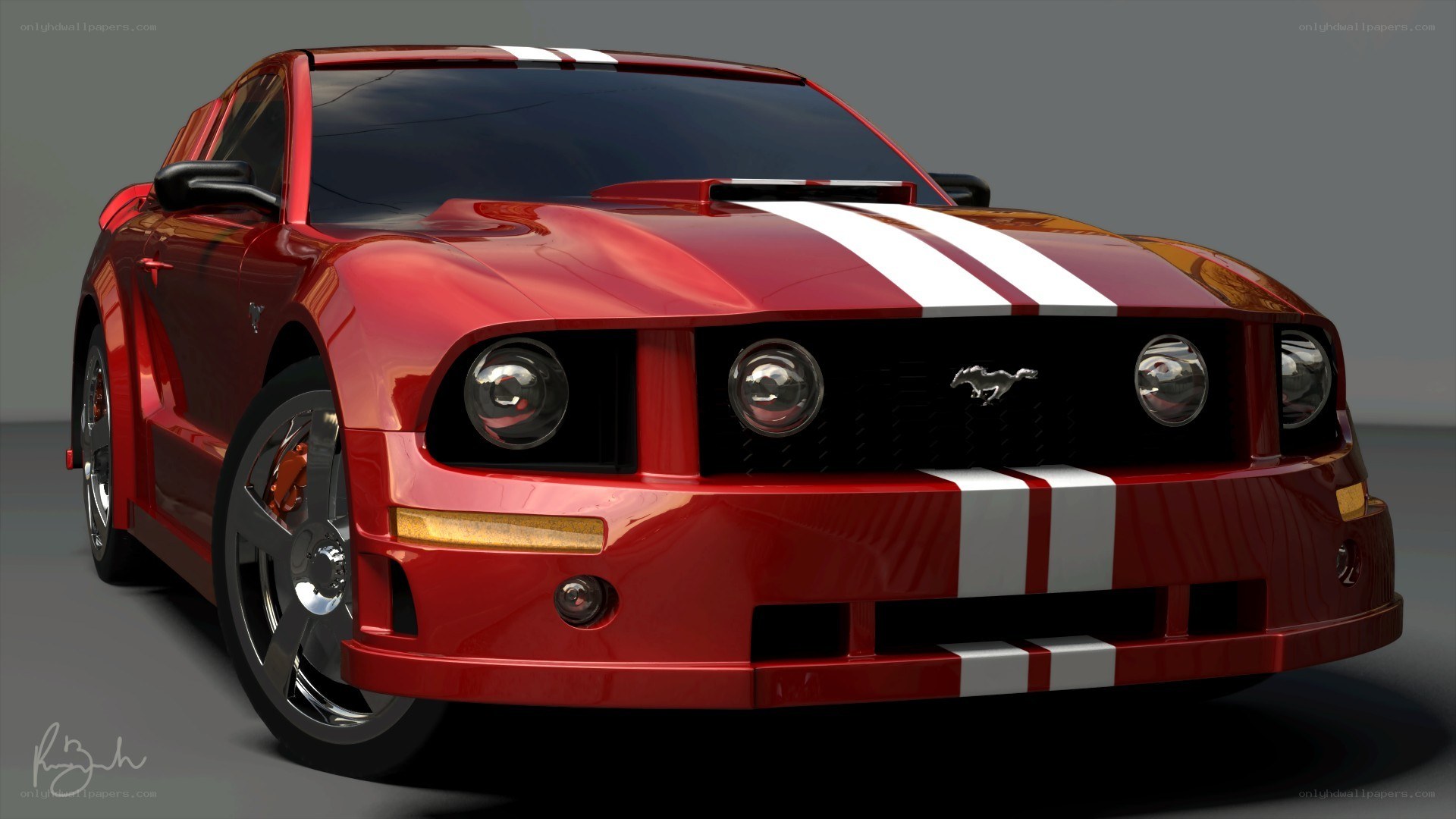 Red Ford Mustang with stripes
