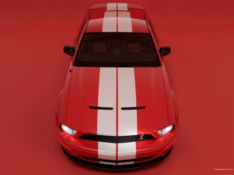 Red Ford Mustang with white stripes