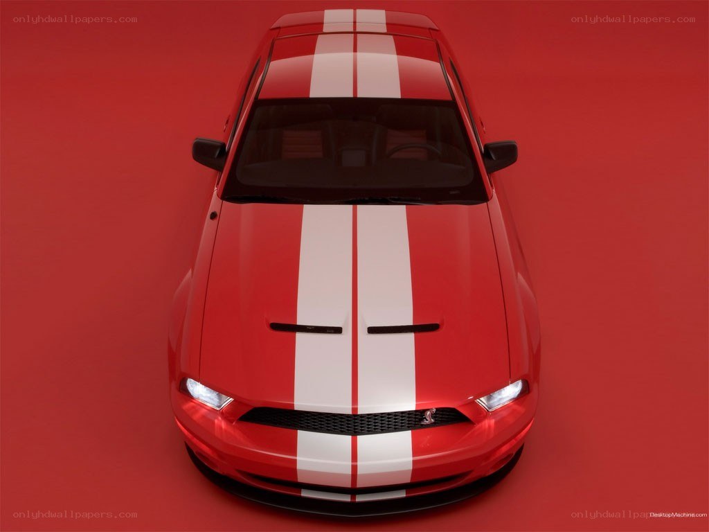 Red Ford Mustang with white stripes