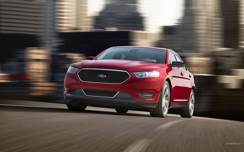 Red Ford Taurus — Dynamic, Afternoon, Photograph, Car, City, Road, Black