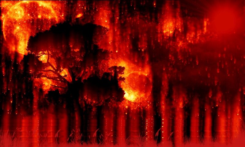 Red forest under glowing moons