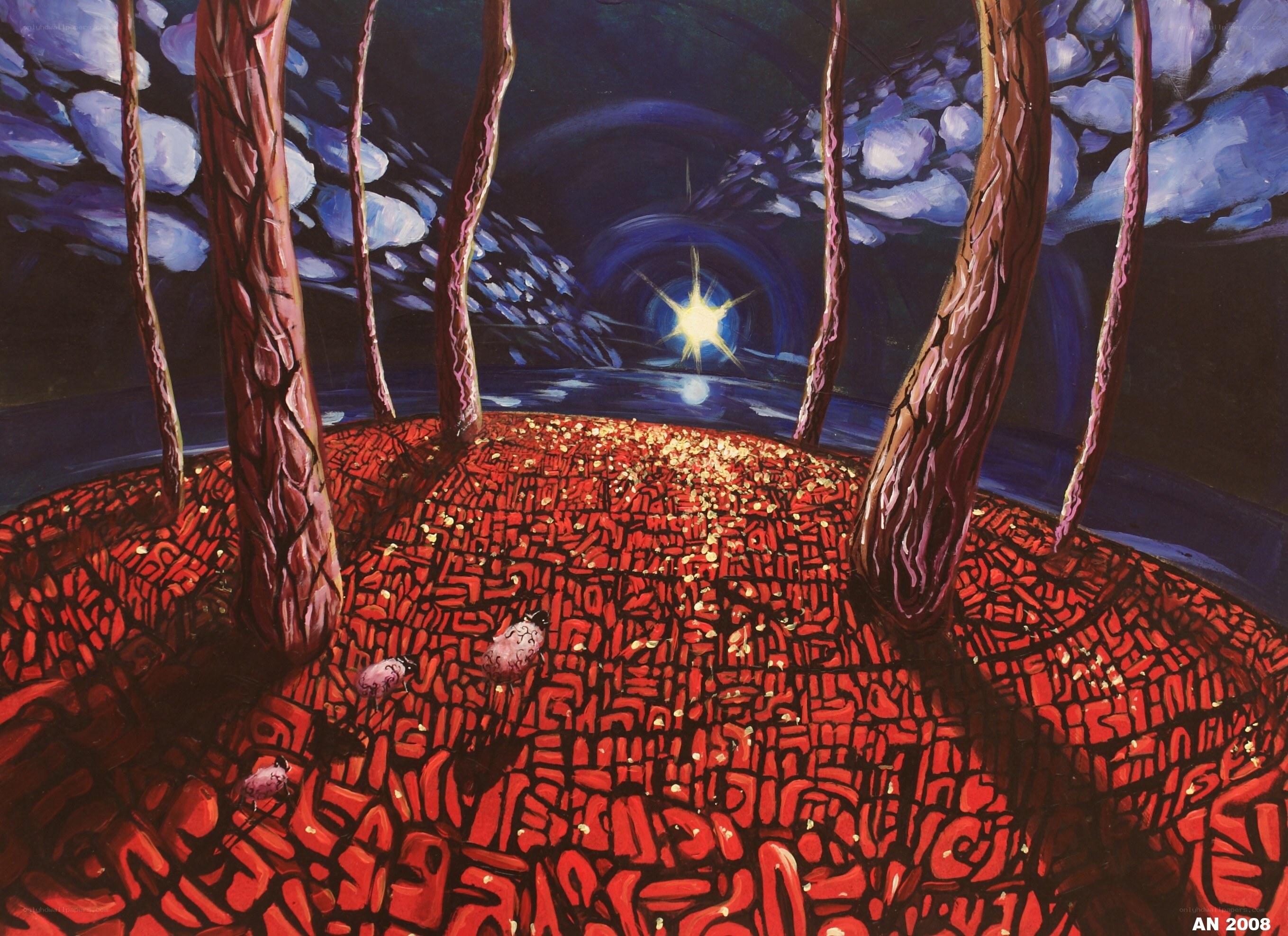 Red forest under starlight