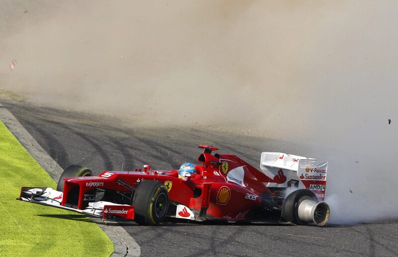 Red Formula One Car — Dramatic, Afternoon, Photograph, Driver, Dust Cloud