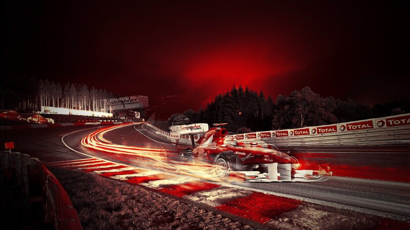 Red Formula One Car — Dramatic, Night, Digital Art, Race Track