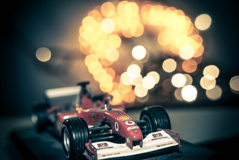 Red Formula One Car — Dramatic, Night, Photograph, Toy Car