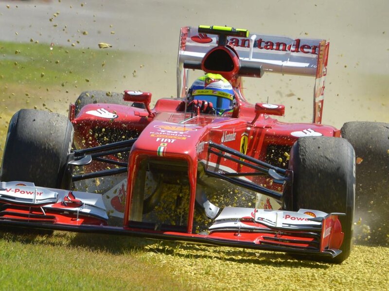 Red Formula One Car — Dynamic, Afternoon, Photograph, Driver, Grass, Tire