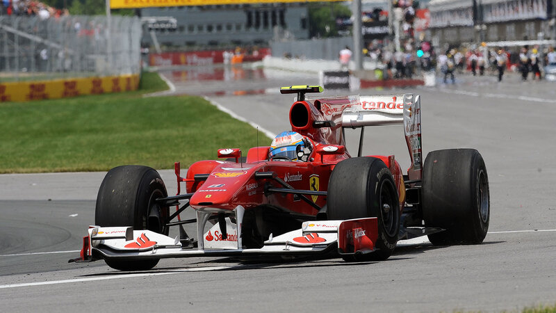 Red Formula One Car — Dynamic, Afternoon, Photograph, Driver, Racetrack, Spectators, Grass