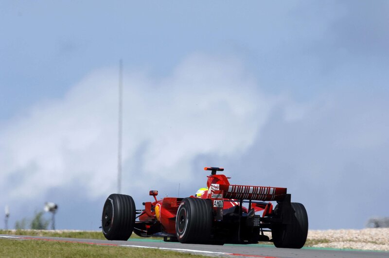 Red Formula One Car — Dynamic, Afternoon, Photograph, Driver, Track, Sky