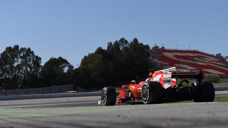 Red Formula One Car — Dynamic, Afternoon, Photograph, Race Track, Grandstand, Trees
