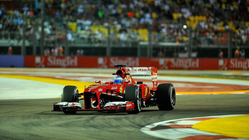 Red Formula One Car — Dynamic, Night, Photograph, Driver, Racetrack, Crowd