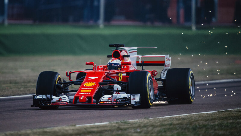 Red Formula One Car — Dynamic, Night, Photograph, Driver, Sparks