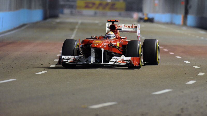 Red Formula One Car — Dynamic, Night, Photograph, Driver, Track