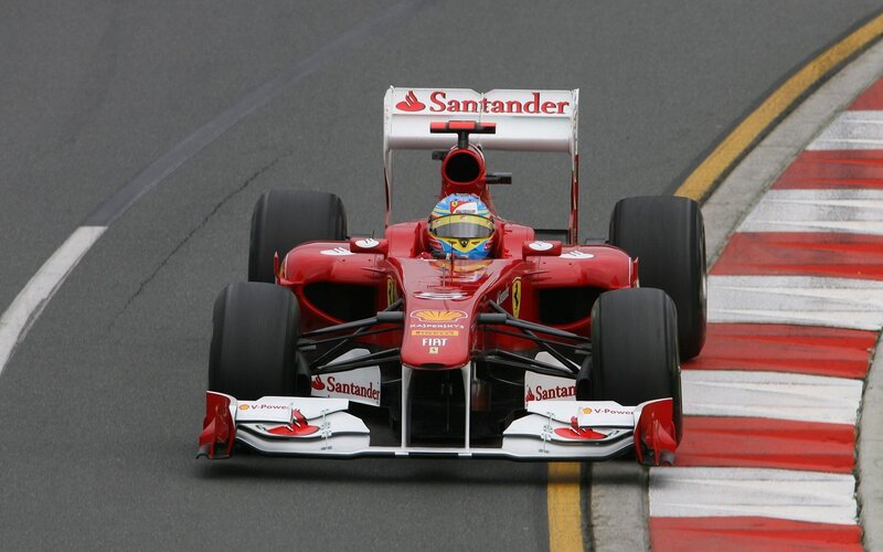 Red Formula One Car — Dynamic, Photograph, Driver, Race Track, Santander Logo