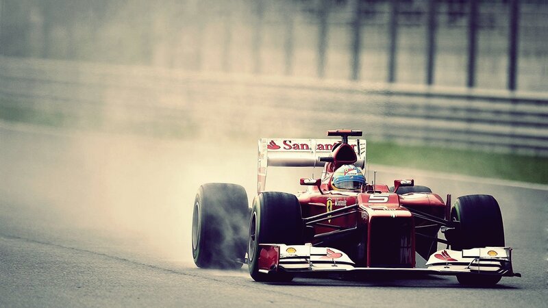 Red Formula One Car — Dynamic, Photograph, Driver, Tire Smoke, Track