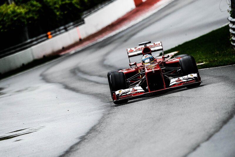 Red Formula One Car — Dynamic, Photograph, Driver, Track, Grass, Black, Gray