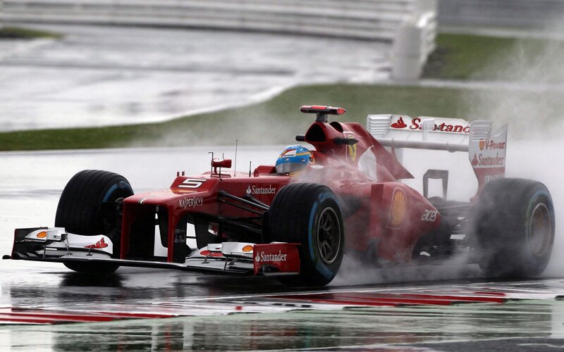 Red Formula One Car — Dynamic, Photograph, Driver, Wet Track, Spray