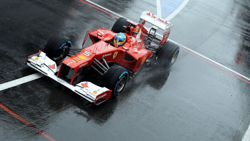 Red Formula One Car — Dynamic, Photograph, Driver, Wet Track