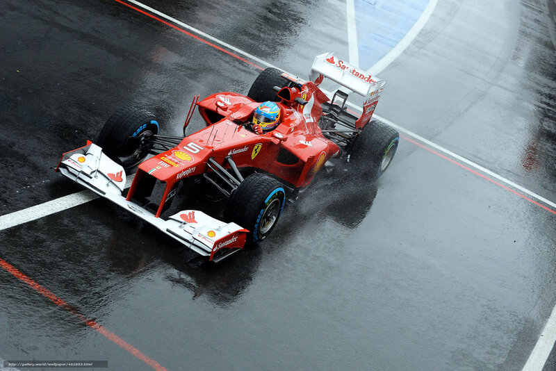 Red Formula One Car — Dynamic, Photograph, Driver, Wet Track, Tires