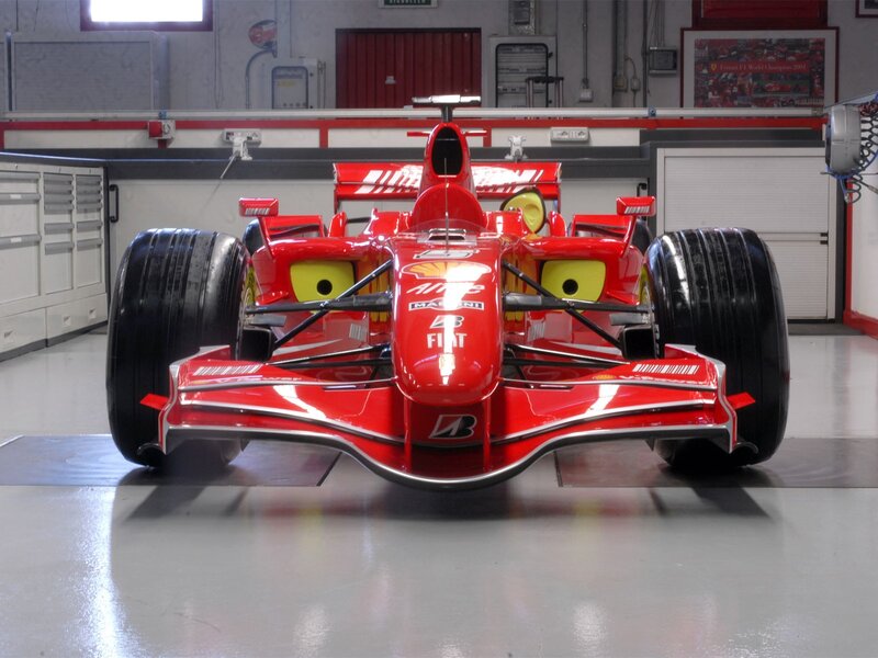 Red Formula One Car — Static, Photograph, Tires