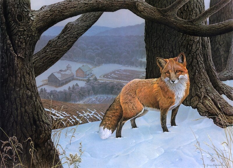 Red Fox in Snow — Orange, Serene, Winter, Painting