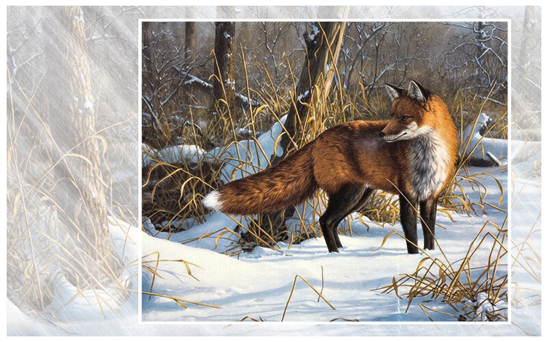 Red Fox in Snow — White, Calm, Winter, Painting
